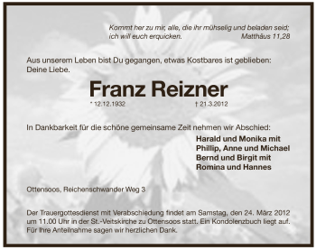 Traueranzeige von Franz Reizner von Pegnitz-Zeitung
